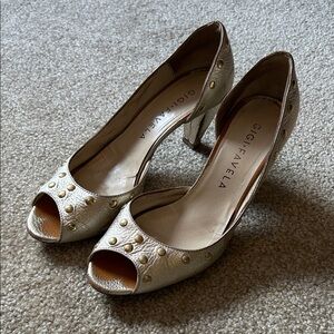Gigi Favela Gold Studded Peep-Toe Heels